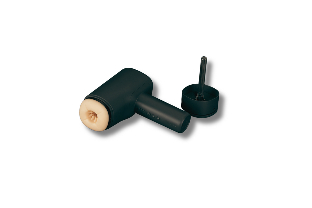 side view of open masturbator with sterilization cap on the side