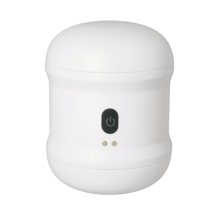 Frontal view of male masturbator with caps for discreet storage 