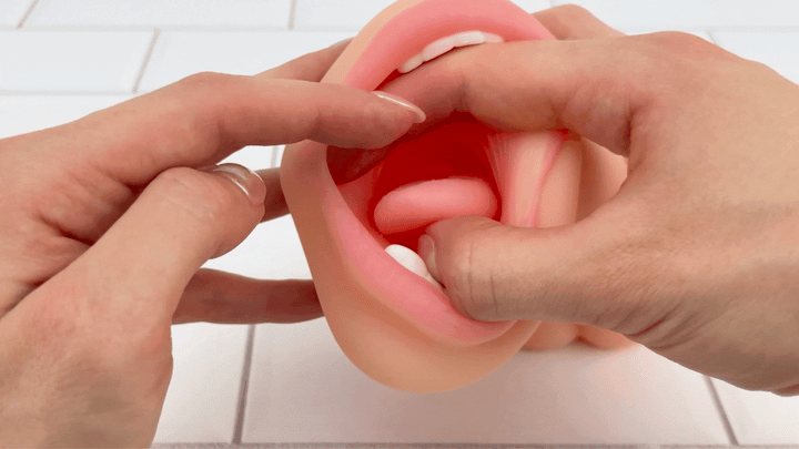 GIF of Blowjob and Pussy Dual Ended Stroker With Built In Cock Ring tongue soft being brushed 