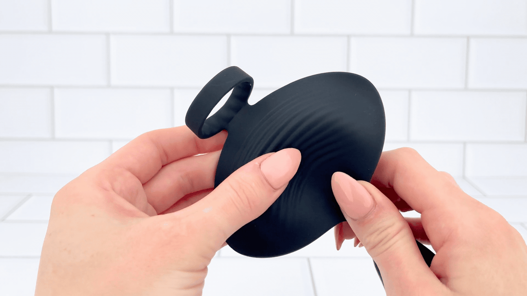 GIF of Vibrating Cock Ring plus P-Spot and Ball Stimulator raised ribbed texture 