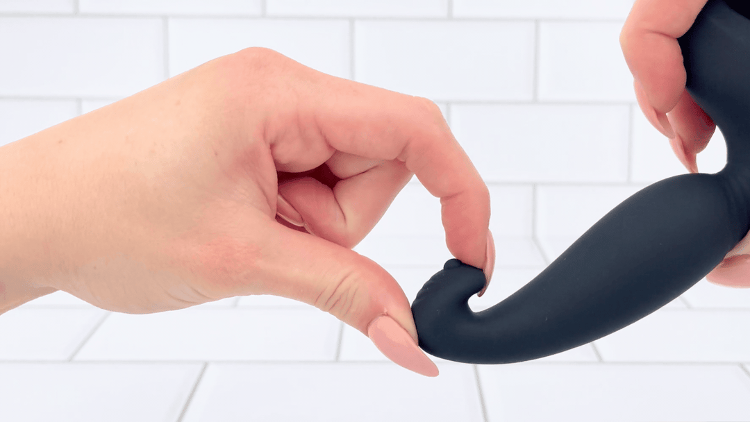 GIF of Vibrating Cock Ring plus P-Spot and Ball Stimulator curved p-spot shaft tip 
