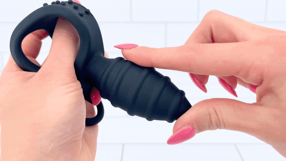 GIF of ribbed texture on anal plug from Rippled Vibrating Anal Plug with Cock Ring 