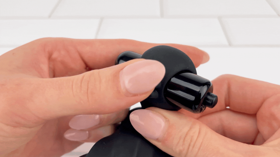GIF of Rippled Vibrating Silicone Cock Cage nubby bristles being brushed to show soft silicone texture 