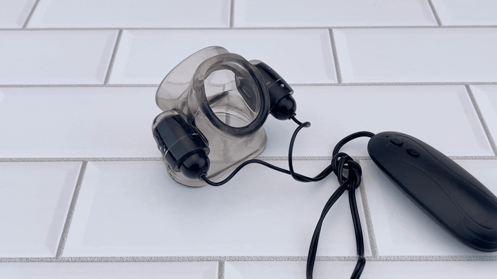 GIF of Scrotum & Testicle Tension Dual Vibrating Cock Ring vibrating on lower setting 