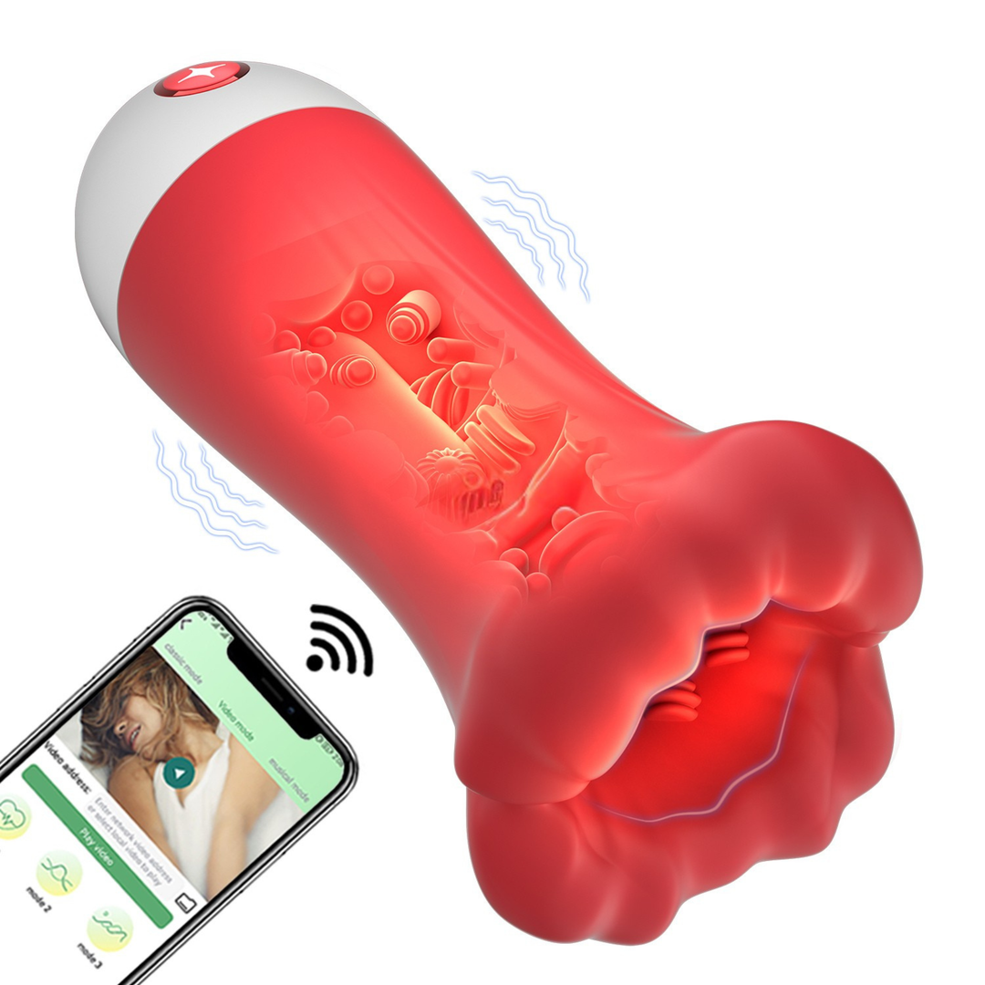 Red and white electronic device with smartphone app interface on a white background