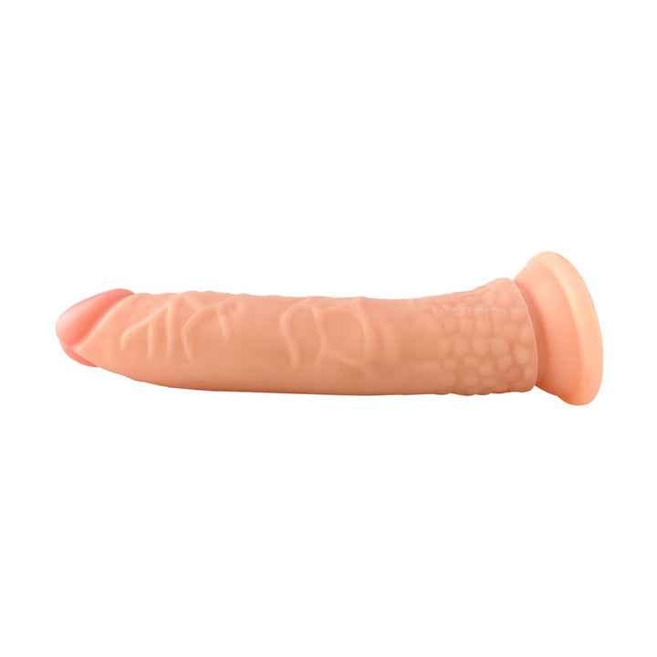Realistic Curved 8.5 Inch Suction Cup Dildo beige color option view from the underside.