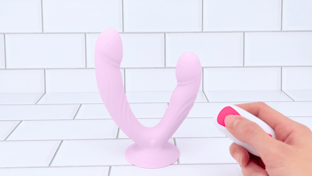 Suction-cup Double Penetration Vibrator being turned on via remote
