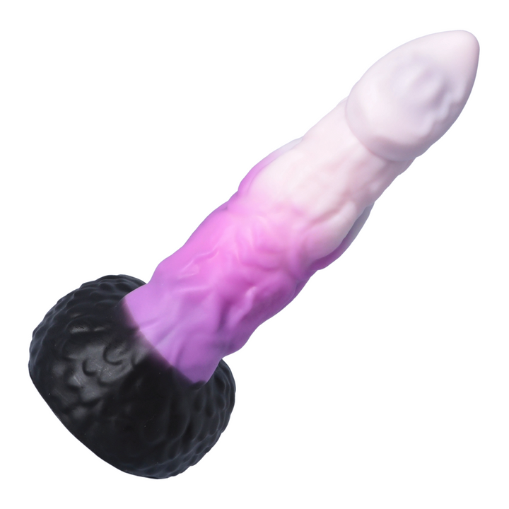 top view of pink and purple alien dildo with bumps and grooves 