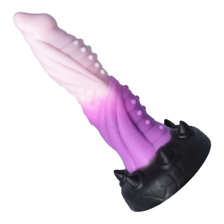 side view of pink and purple alien dildo with black base 