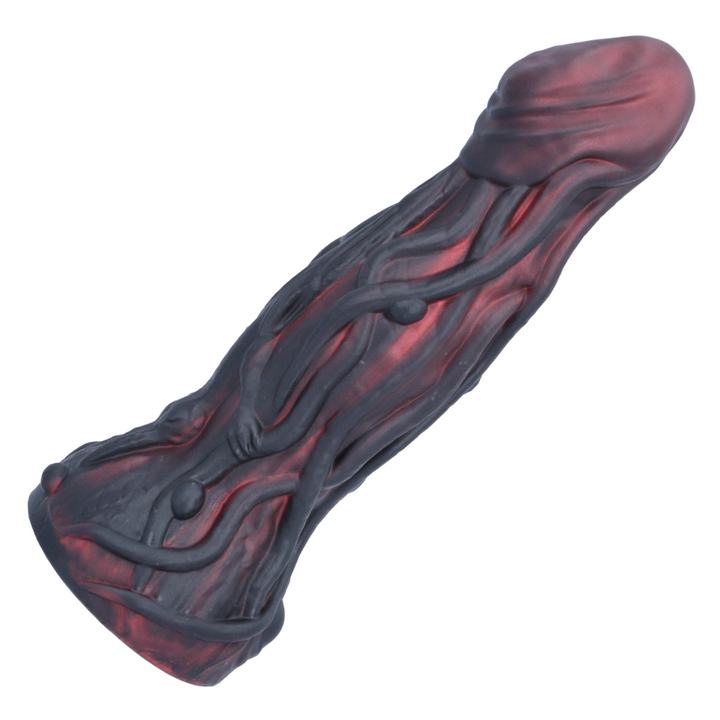 side of black and red alien dildo with veins 