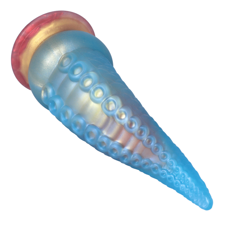 angled bottom view of blue and gold tentacle dildo with suckers 