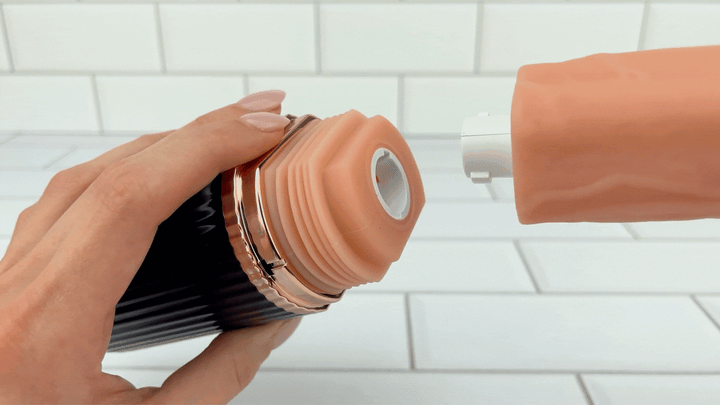 GIF of penis attachment being connected to thruster from Hands-Free Thrusting & Vibrating Silicone Dildo by TooTimid