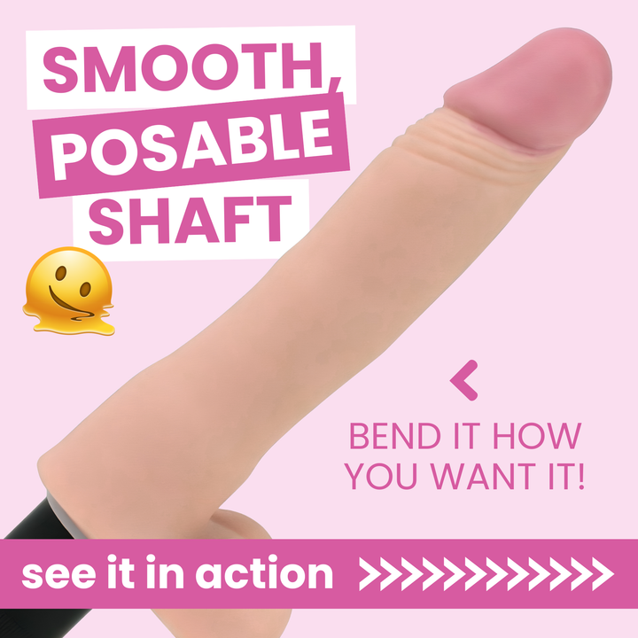 Vibrating Dildo with Balls. SMOOTH, POSABLE SHAFT. BEND IT HOW YOU WANT IT. see it in action 