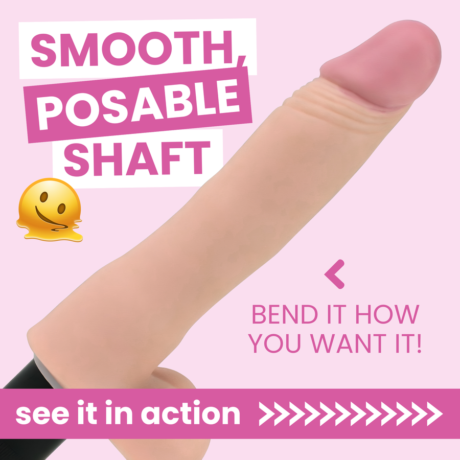 Vibrating Dildo with Balls. SMOOTH, POSABLE SHAFT. BEND IT HOW YOU WANT IT. see it in action 