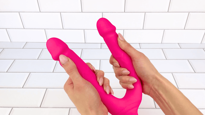 GIF of Bendy Silicone Double Dildo Vibrator with Clit Teaser both shafts being bent