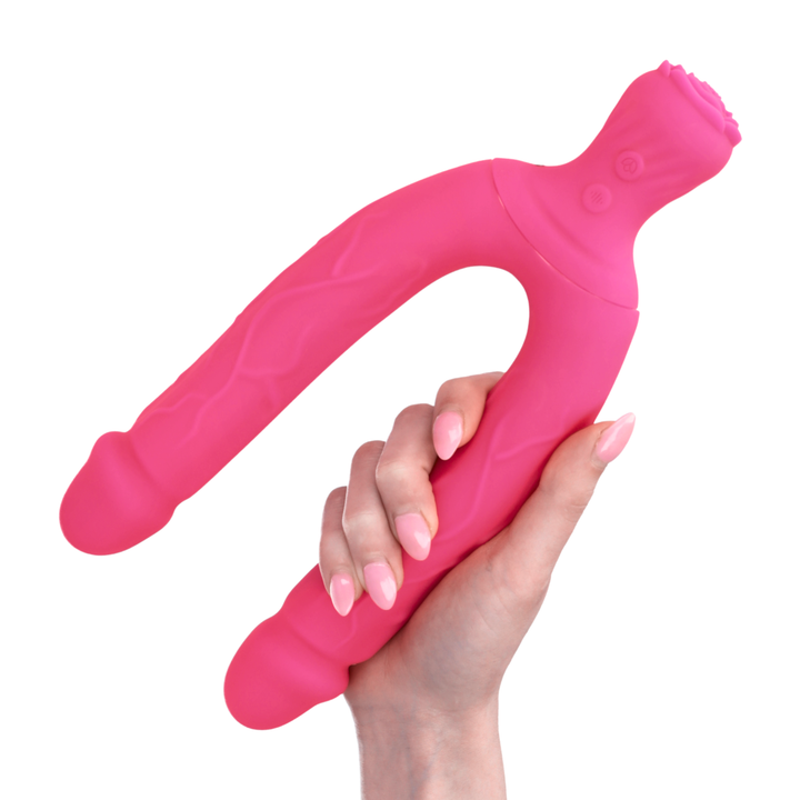 hand holding Bendy Silicone Double Dildo Vibrator with Clit Teaser 