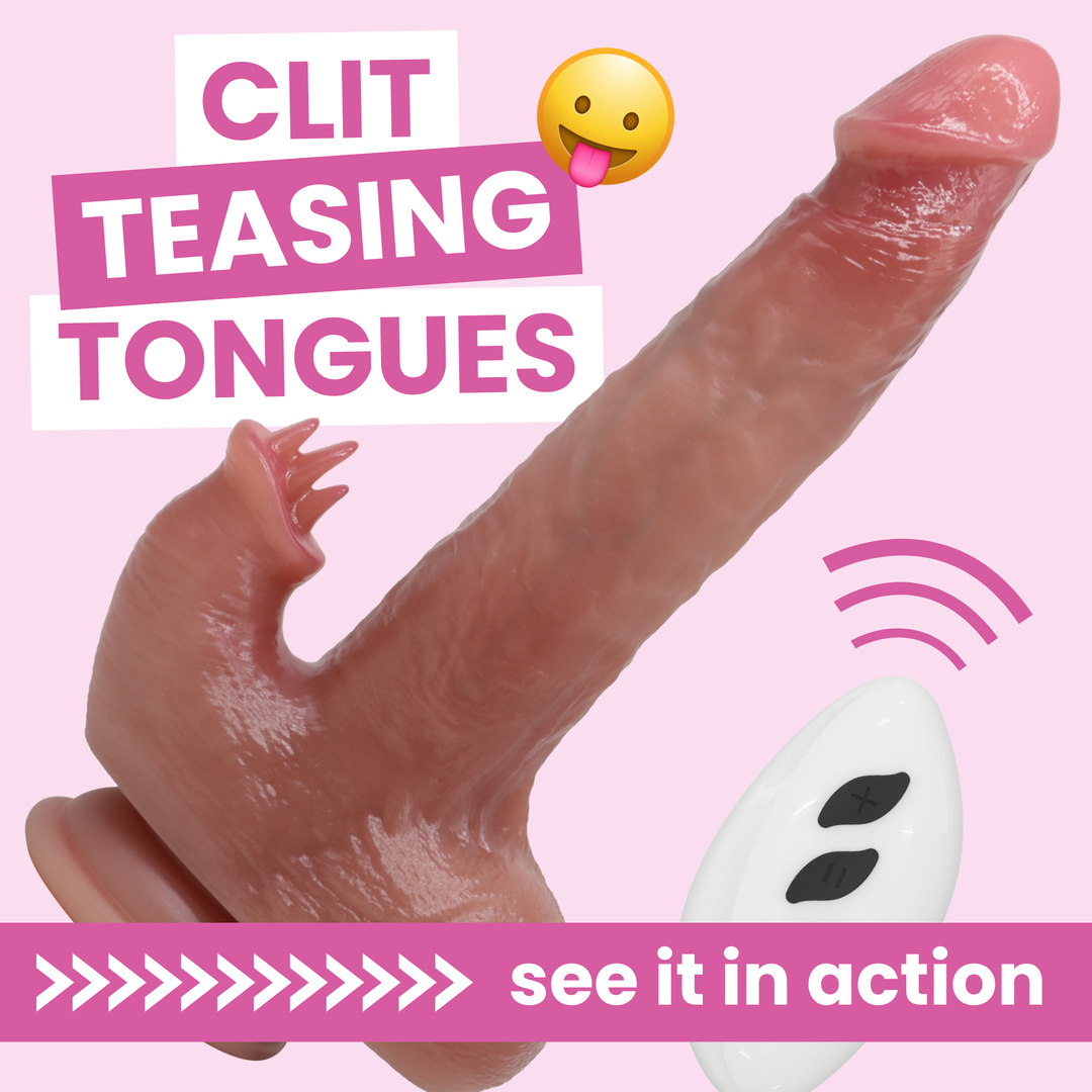 The Hands-Free Heaven - Heated Thrusting and Vibrating Dildo plus Clit Licker. clit teasing tongues see it in action 