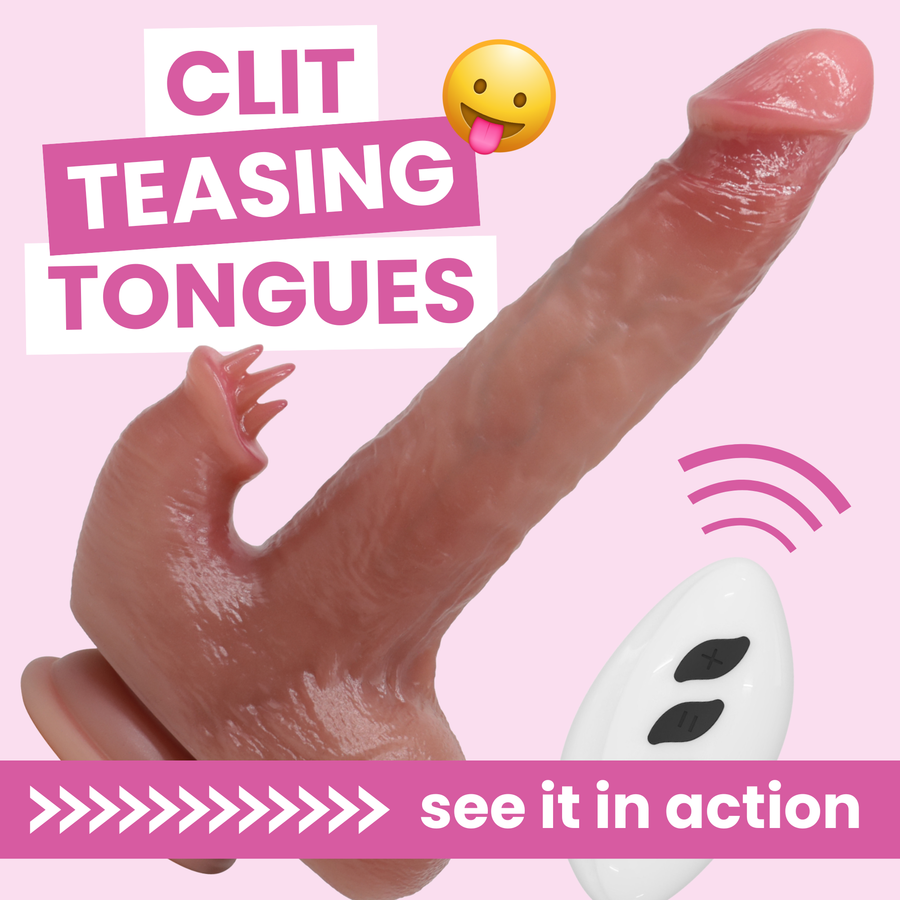 The Hands-Free Heaven - Heated Thrusting and Vibrating Dildo plus Clit Licker. clit teasing tongues see it in action 