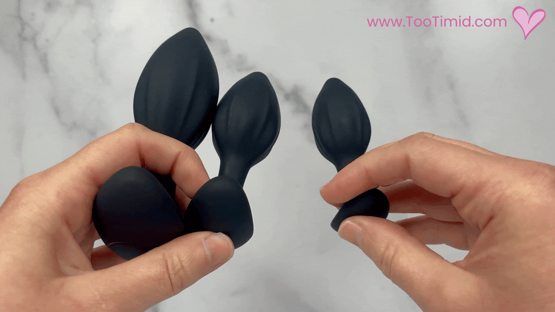 GIF showing all 3 sizes of anal plugs in the set