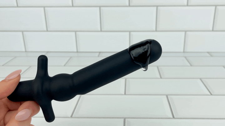 GIF of lube vibrating on shaft of 7 Function Silicone Vibrating Prostate Massager TooTimid 