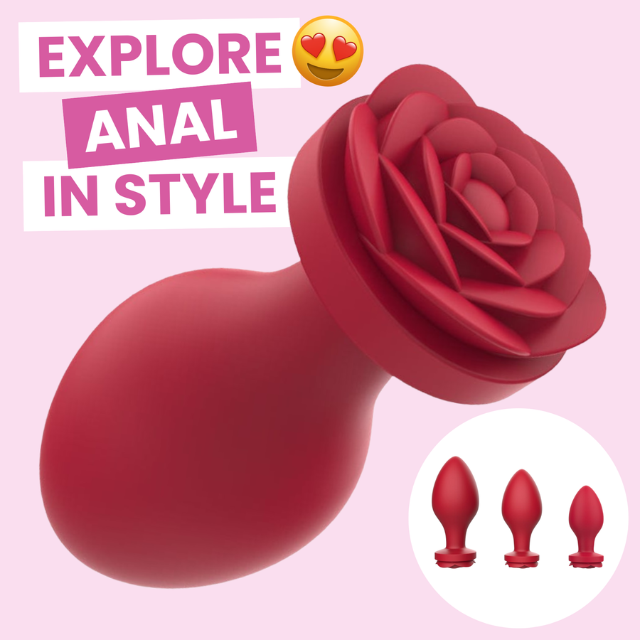 Red rose-shaped anal plug with text 'Explore Anal in Style' on a pink background
