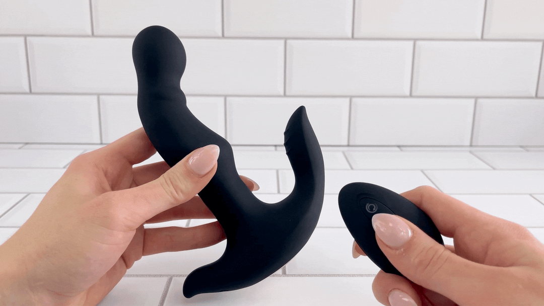 GIF of HIROKI Ultimate Wireless Rim Job Silicone Prostate Massager being turned on with remote control 