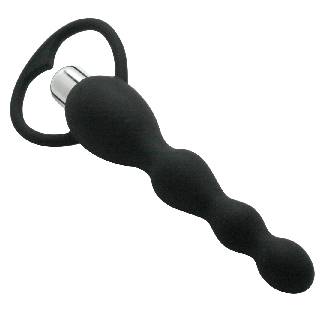 Black vibrating anal plug with a loop