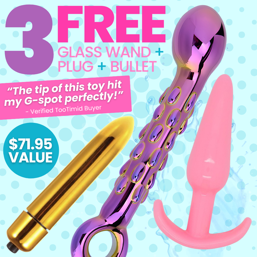 3 free toy kit with a nubby glass wand, an anal plug, and a bullet with promotional text on a blue polka dot background