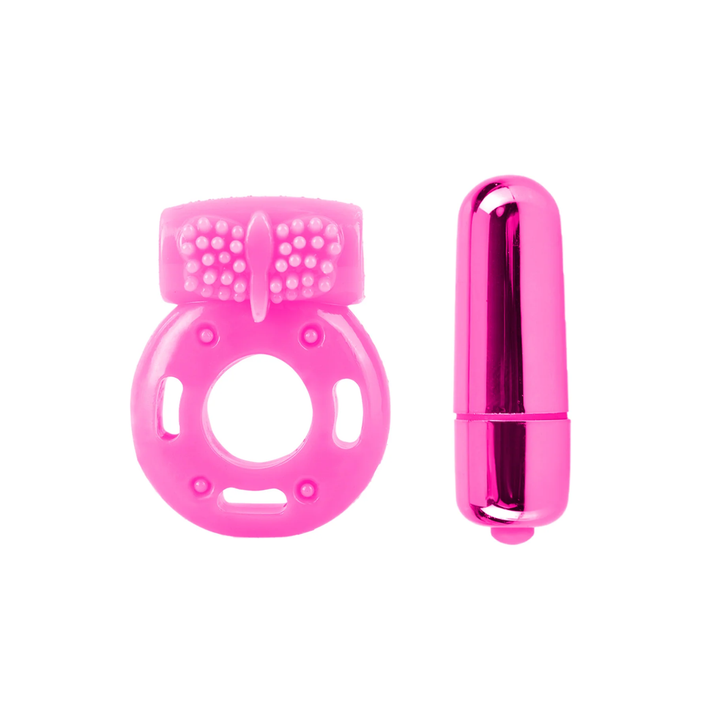 pink cock ring from pink Neon Silicone Vibrating Couples 3 Piece Kit from Pipedream disassembled 