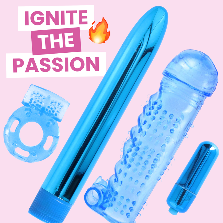 Ignite the passion. Four piece toy kit against a pink back drop