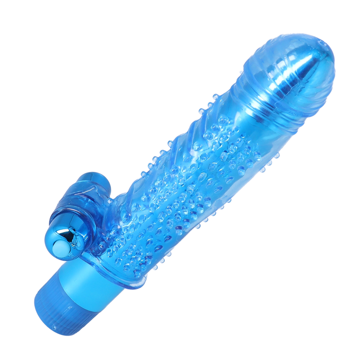 jelly sleeve, 7 inch vibe and bullet vibe combined to make a dual stimulation vibe Classix Ultimate Pleasure Couple's blue 