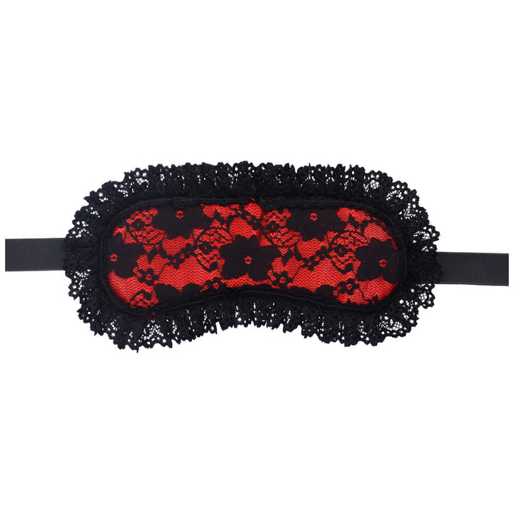 Bird's eye view of a red lace blindfold with satin straps.