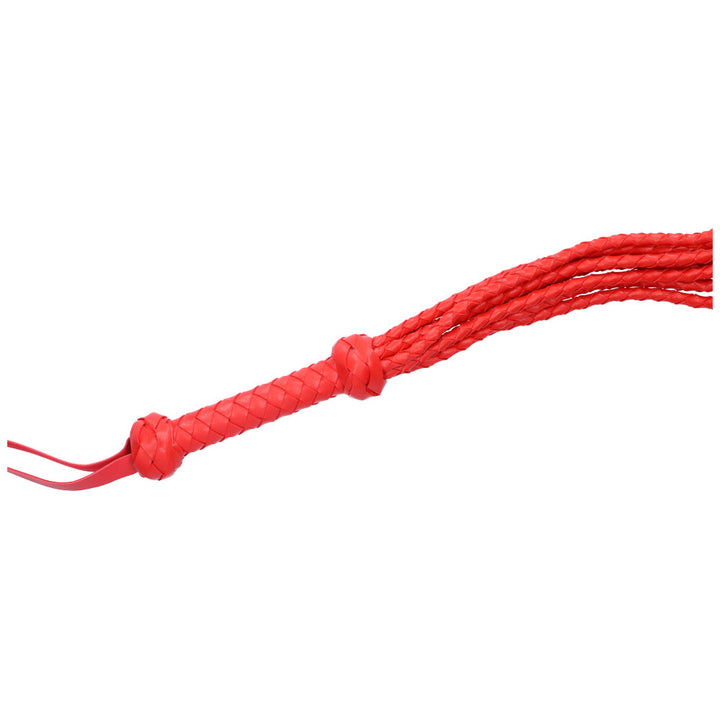 Bird's eye view of red braided flogger with a firm braided handle with a wrist strap.