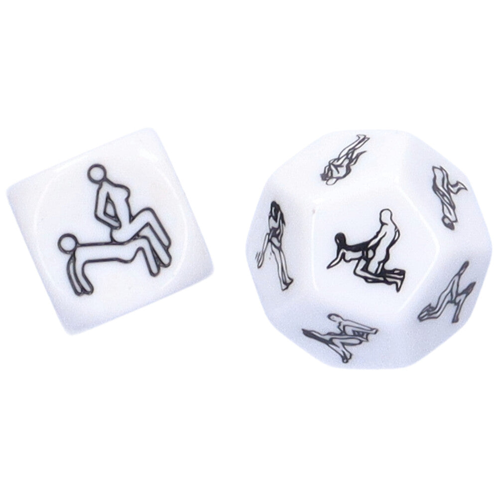 A pair of white and black dice showing various sex position illustrations on each face.