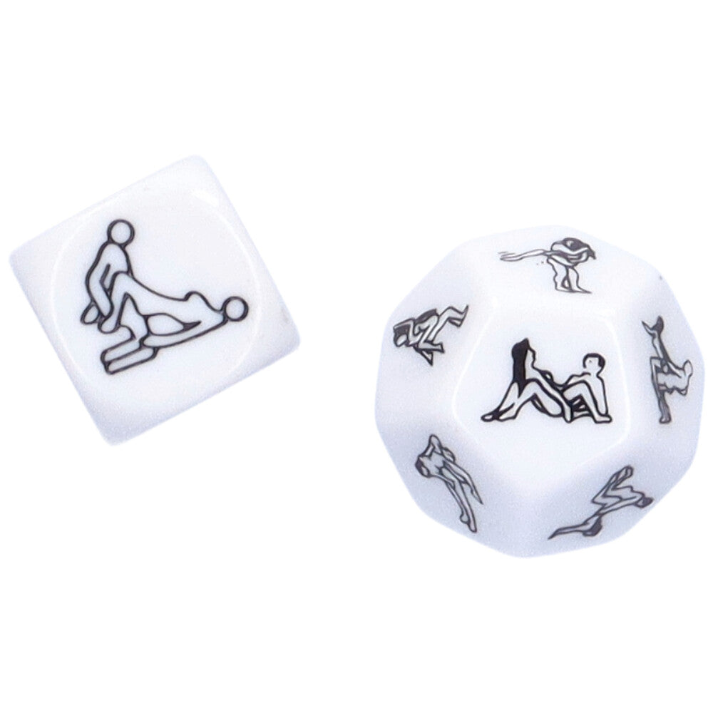 Alternate view of a pair of white and black dice showing various sex position illustrations on each face.