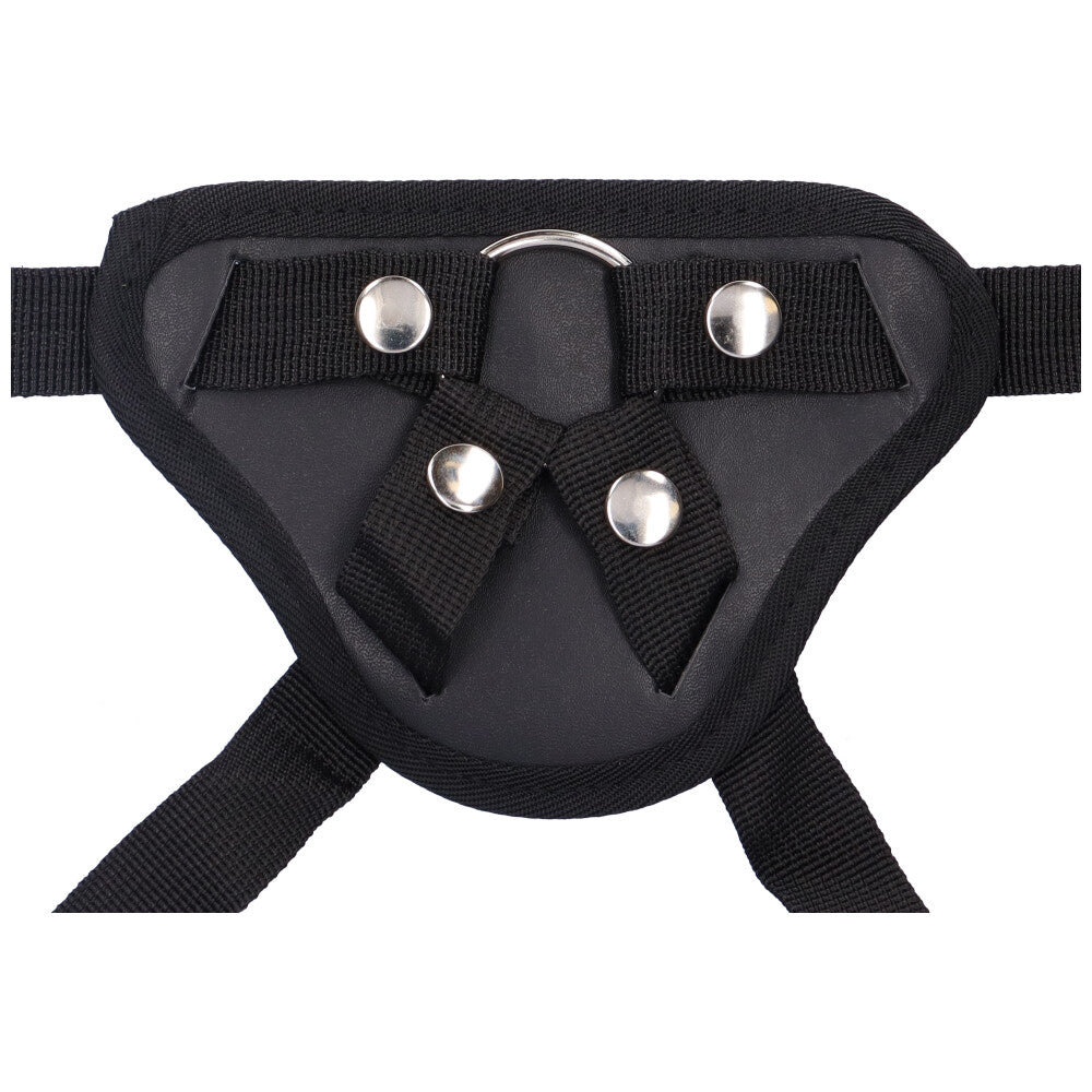 Bird's eye view of a  black Strap-on Harness with a Metal O-Ring.