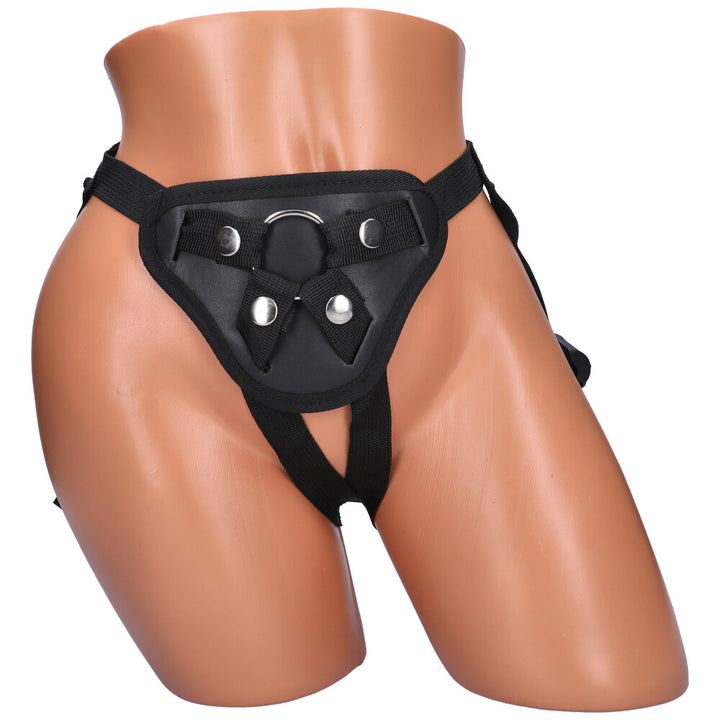 Front view of a black Strap-on Harness with a Metal O-Ring shown on a mannequin.