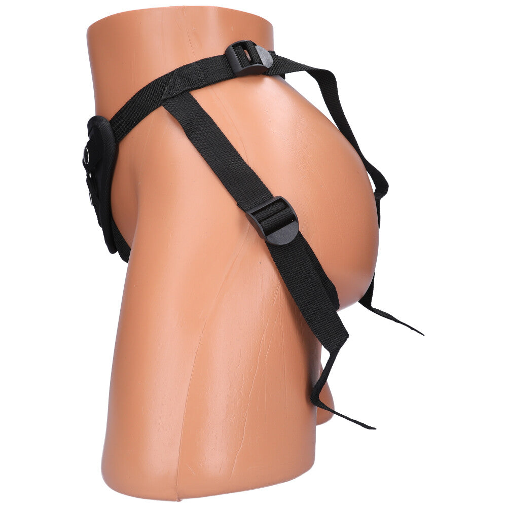 Side view of a black Strap-on Harness with a Metal O-Ring shown on a mannequin.