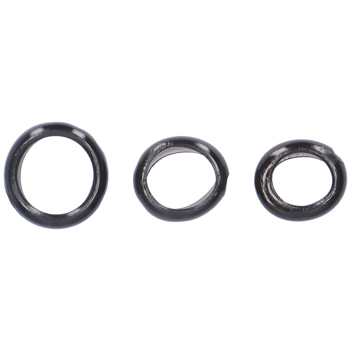 Bird's eye view of 3 black jelly cock rings ranging from small to medium to large.