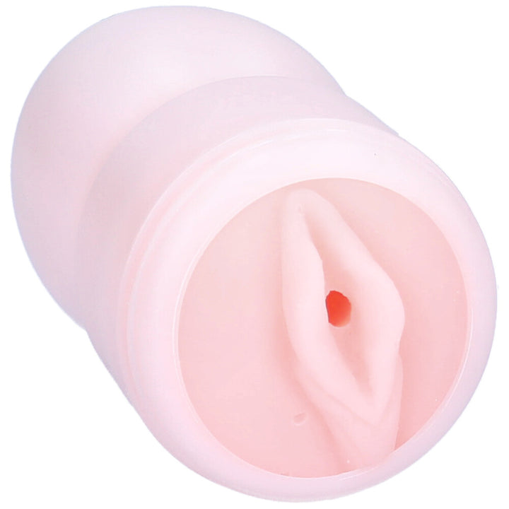 Angled front view of vagina masturbator cup.