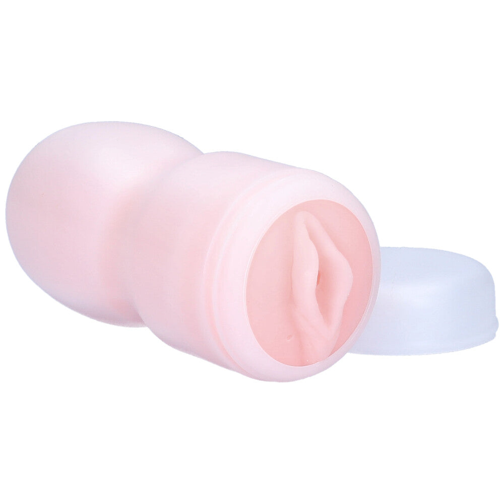 Angled front view of vagina masturbator cup with cap.