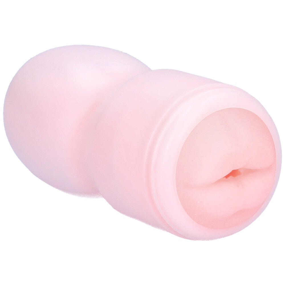 Angled front view of mouth masturbator cup.
