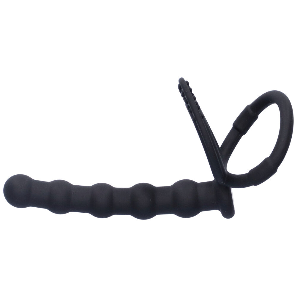Side view of black silicone double cock ring with beaded anal probe.