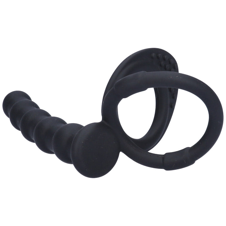 Bottom view of black silicone double cock ring with beaded anal probe.