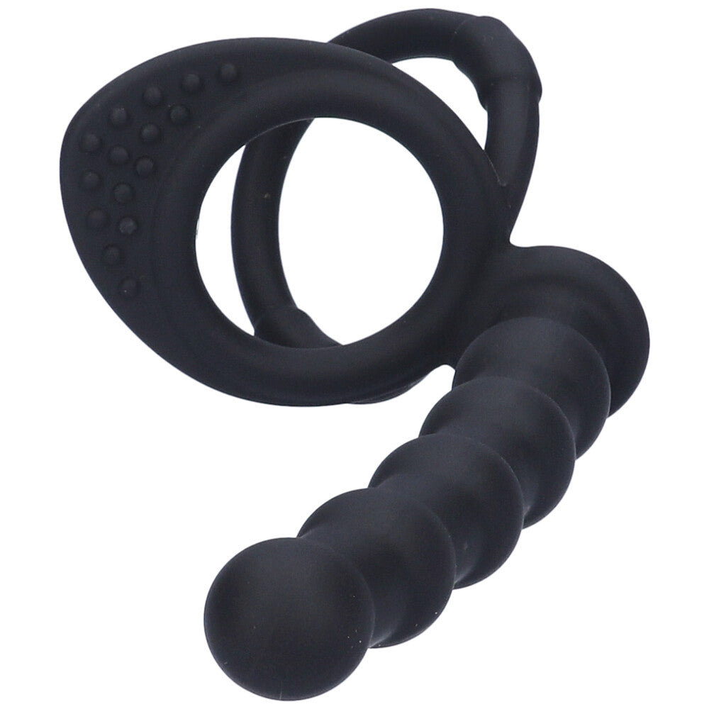 Close-up view of black silicone double cock ring with beaded anal probe.