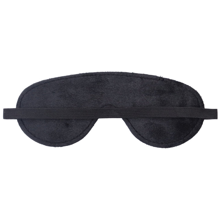 Back view of black faux leather blindfold.