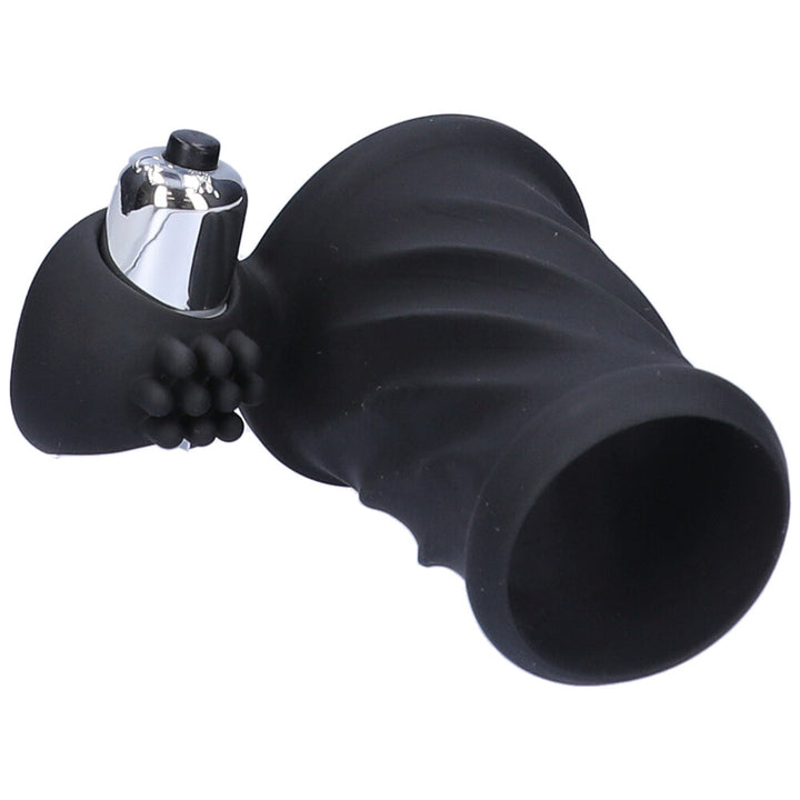 Close-up view of black vibrating silicone cock cage.