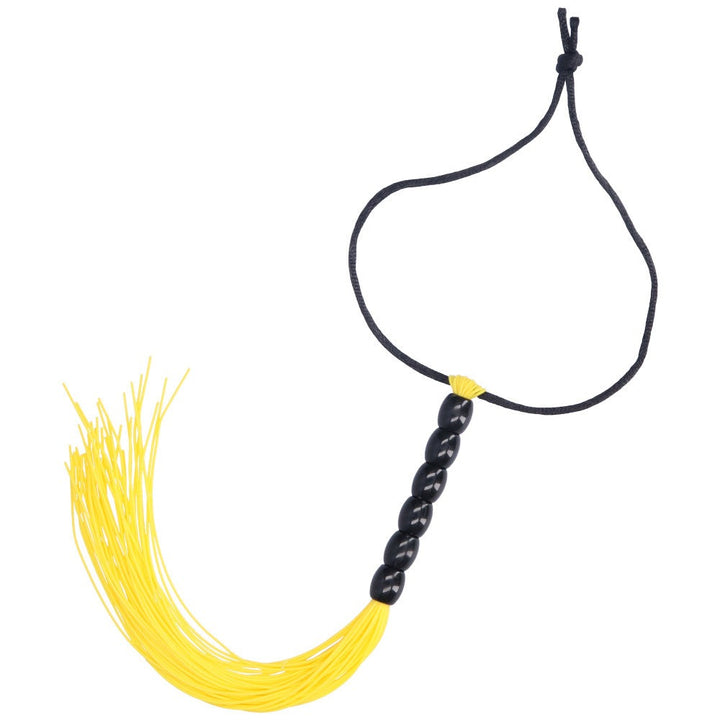 Alternate view of yellow flogger with black beaded handle.