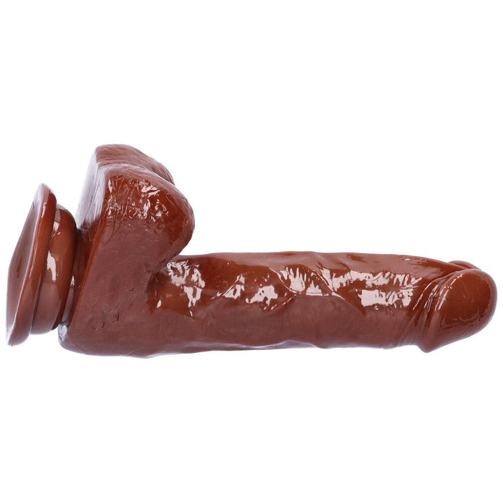 Alternate side view of medium brown coffee colored realistic suction cup dildo with balls.