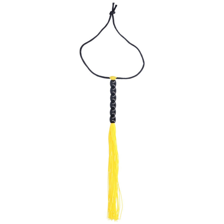 Yellow flogger with black beaded handle.